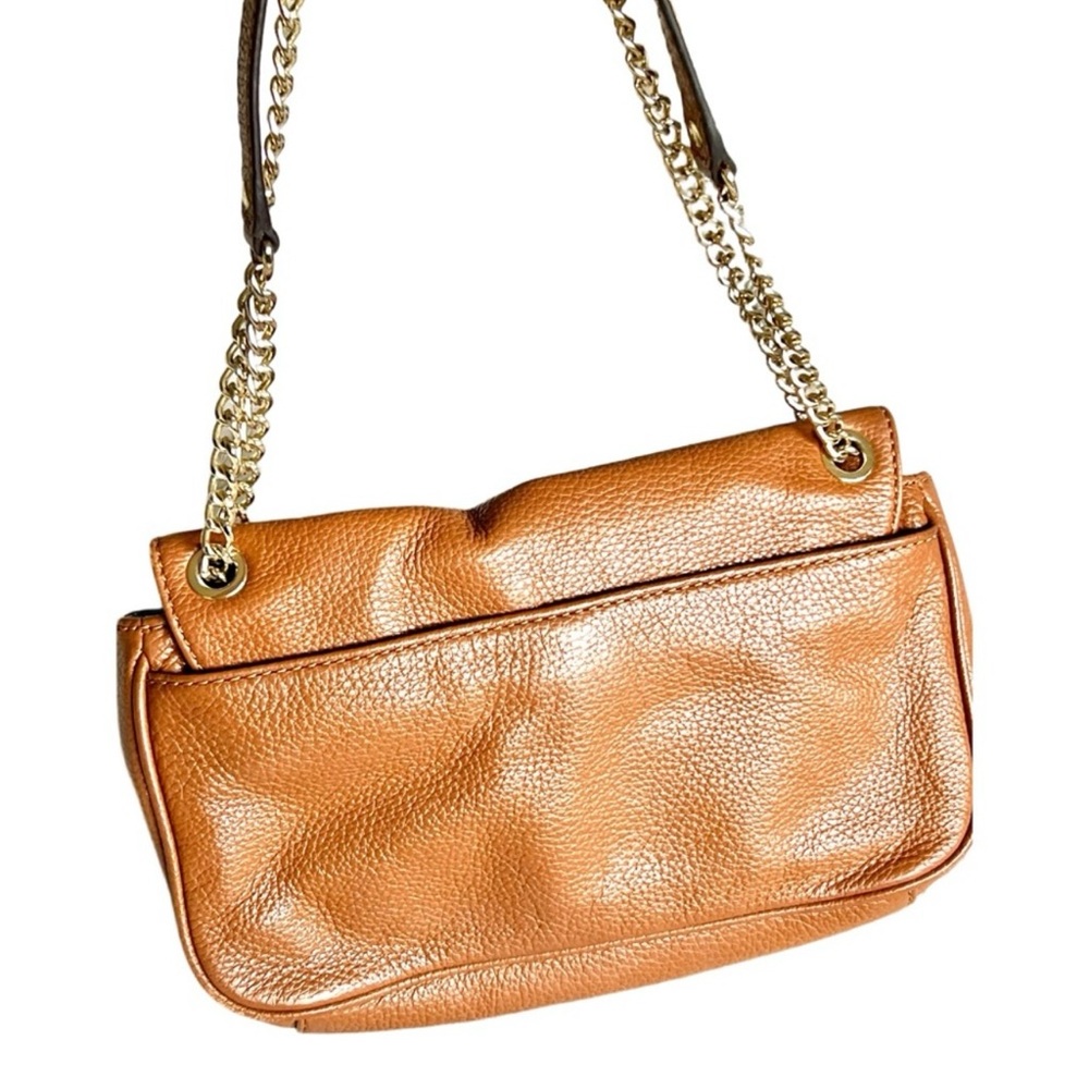 Michael Kors Tan Leather Small Shoulder Crossbody Bag Gold Chain MK Logo - Picture 3 of 10